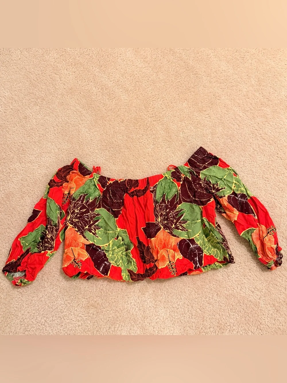 Free People red floral hibiscus off-shoulder crop top